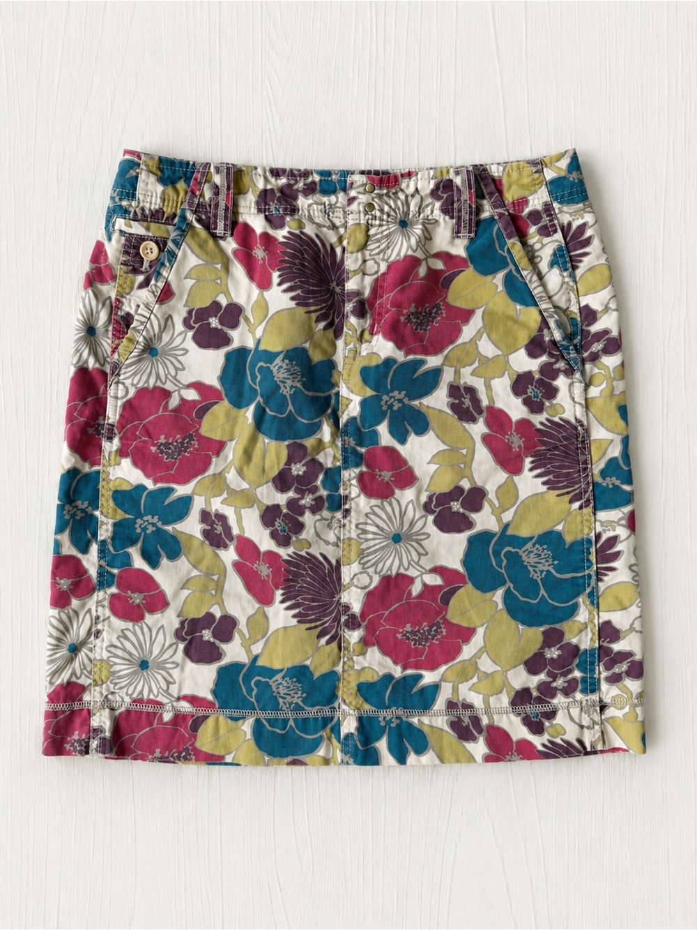 VTG Eddie Bauer Woman Earth Tone Floral Denim Mini Skirt US10 Boho Folk Granola